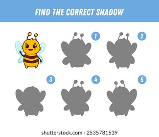 Find correct shadow of cute bee. Educational logical game for kids. Cartoon bee. Vector illustration
