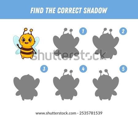 Find correct shadow of cute bee. Educational logical game for kids. Cartoon bee. Vector illustration
