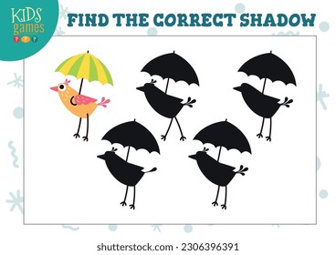 Find the correct shadow for cute bird educational preschool kids mini game. Vector illustration with 4 silhouettes for shadow matching exercise