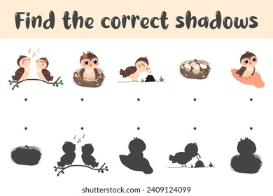 Find the correct shadow of the cute birds. Educational logical game for children. Cartoon birds.