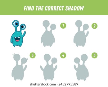 Find correct shadow of cute blue monster. Educational logical game for kids. Halloween game. Cartoon monster. Vector