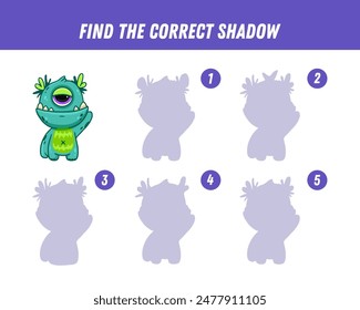 Find correct shadow of cute blue monster. Educational logical game for kids. Halloween game. Cartoon monster. Vector
