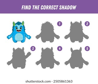 Find correct shadow of cute blue monster. Educational logical game for kids. Halloween game. Cartoon monster. Vector
