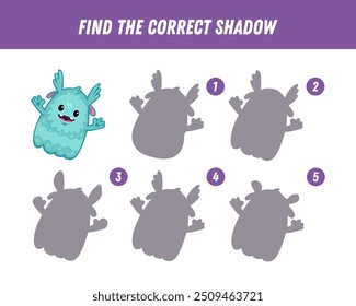 Find correct shadow of cute blue monster. Educational logical game for kids. Halloween game. Cartoon monster. Vector
