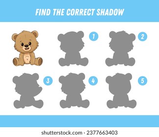 Encuentra la sombra correcta del oso marrón lindo. Juego educativo lógico para niños. Oso de peluche de caricatura. Ilustración del vector