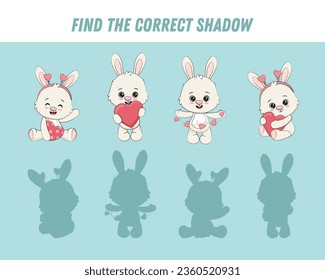 Find correct shadow of cute bunny. Educational logical game for kids. Cartoon white rabbit. Vector