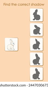 Encuentra la sombra correcta del lindo conejito. Hoja de trabajo para el libro de actividades infantiles. Ilustración vectorial de dibujos animados.