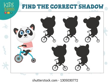 Find the correct shadow for cute cartoon panda educational preschool kids game. Vector illustration with five silhouettes for shadow matching puzzle 