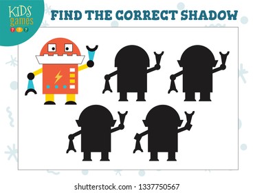 Find the correct shadow for cute cartoon robot educational preschool kids mini game. Vector illustration with 4 silhouettes for shadow matching puzzle 