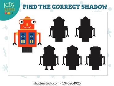 Find the correct shadow for cute cartoon humanoid robot educational preschool kids mini game. Vector illustration with 5 silhouettes for shadow matching puzzle 