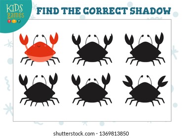 Find the correct shadow for cute cartoon crab educational preschool kids mini game. Vector illustration with 5 silhouettes for shadow matching puzzle 