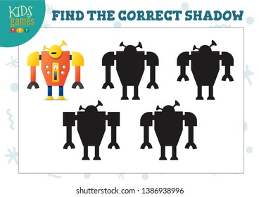Find the correct shadow for cute cartoon robot educational preschool kids mini game. Vector illustration with 4 silhouettes for shadow matching exercise 