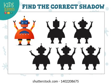 Find the correct shadow for cute cartoon robot educational preschool kids mini game. Vector illustration with 5 silhouettes for shadow matching exercise 