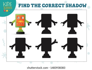 Find the correct shadow for cute cartoon robot educational preschool kids mini game. Vector illustration with 5 silhouettes for shadow matching quiz 