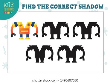 Find the correct shadow for cute cartoon robot educational preschool kids mini game. Vector illustration with 4 silhouettes for shadow matching exercise 