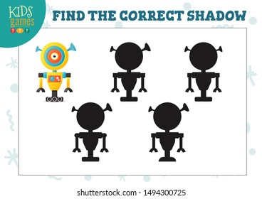 Find the correct shadow for cute cartoon robot educational preschool kids mini game. Vector illustration with 4 silhouettes for shadow matching quiz 
