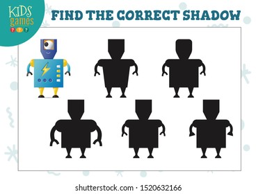 Find the correct shadow for cute cartoon humanoid robot educational preschool kids mini game. Vector illustration with 5 silhouettes for shadow matching puzzle 