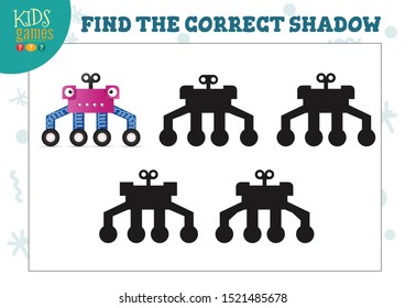 Find the correct shadow for cute cartoon robot educational preschool kids mini game. Vector illustration with 4 silhouettes for shadow matching exercise 