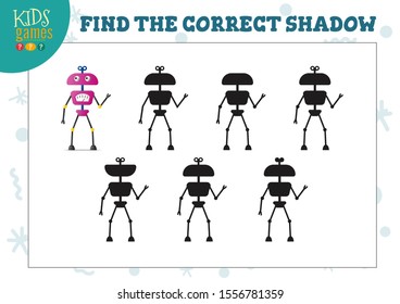 Find the correct shadow for cute cartoon robot educational preschool kids mini game. Vector illustration with 6 silhouettes for shadow matching exercise 