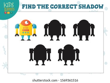 Find the correct shadow for cute cartoon robot educational preschool kids mini game. Vector illustration with 5 shade silhouettes for shadow matching exercise 