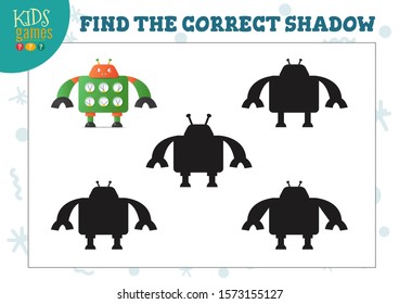 Find the correct shadow for cute cartoon robot educational preschool kids mini game. Vector illustration with 4 black silhouettes for shadow matching quiz 