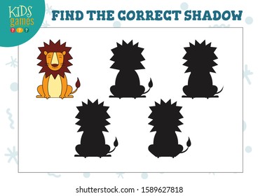 Find the correct shadow for cute cartoon lion preschool kids mini game. Vector illustration with 4 silhouettes for shadow matching quiz 