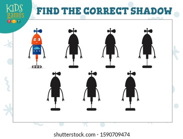 Find the correct shadow for cute cartoon robot educational preschool kids mini game. Vector illustration with 6 shade silhouettes for shadow matching exercise 