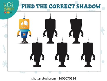 Find the correct shadow for cute cartoon robot educational preschool kids mini game. Vector illustration with 5 black silhouettes for shadow matching quiz