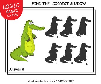 Find the correct shadow. Cute cartoon Alligator.  Educational matching game for children with cartoon character. Logic Games for Kids. Education card with task for children preschool and kindergarten.