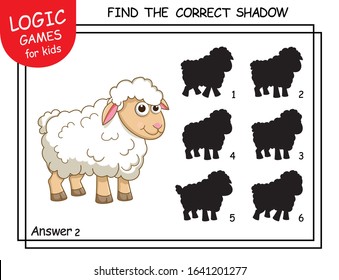 Find the correct shadow. Cute cartoon Sheep. Educational matching game for children with cartoon character. Logic Games for Kids. Education card with task for children preschool and kindergarten.