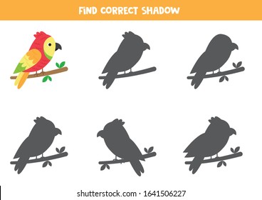 Find the correct shadow of cute cartoon parrot sitting on branch.