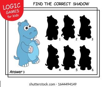 Find the correct shadow. Cute cartoon Hippopotamus. Educational matching game for children with cartoon character. Logic Games for Kids. Education card with task for children preschool and kindergarte