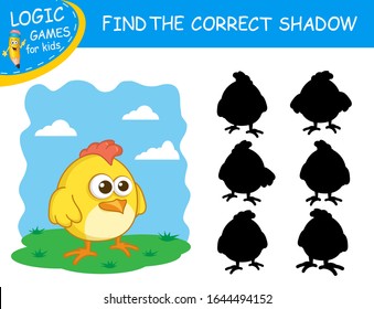 Find the correct shadow the cute cartoon Chicken on colorful background. Educational matching game for children with fun character. Logic Games for Kids.Education card for child kindergarten or school