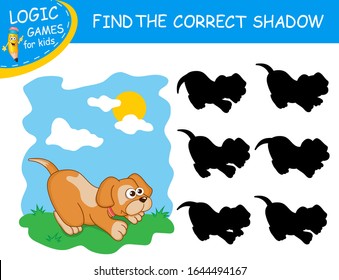 Find the correct shadow the cute cartoon Dog on colorful background. Educational matching game for children with fun character. Logic Games for Kids. Learning card for child kindergarten or school.