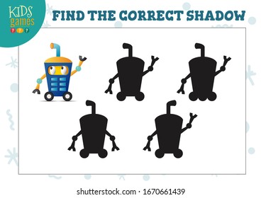 Encuentra la sombra correcta para el mini juego de dibujos animados robots educacionales niños de preescolar. Ilustración vectorial con 4 siluetas sombreadas para el ejercicio de correspondencias de sombras