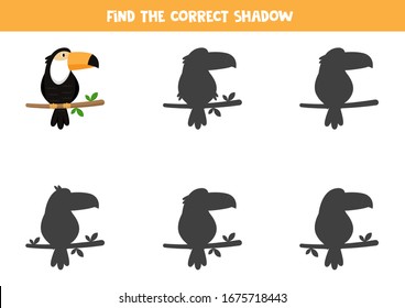 Encuentra la sombra correcta de la tierna caricatura toucan. Juego lógico para niños.