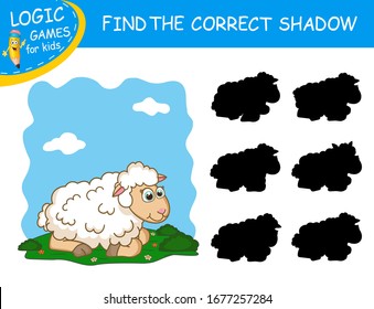 Find the correct shadow the cute cartoon Lamb on colorful background. Educational matching game for children with fun character. Logic Games for Kids. Card with task for child kindergarten or school.