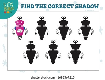 Find the correct shadow for cute cartoon robot educational preschool kids mini game. Vector illustration with 6 shade silhouettes for shadow matching exercise