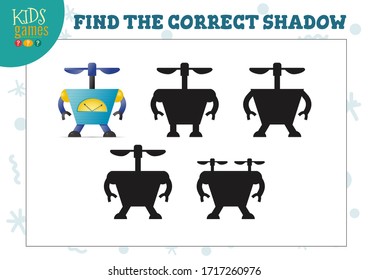 Find the correct shadow for cute cartoon robot educational preschool kids mini game. Vector illustration with 4 shade silhouettes for shadow matching exercise