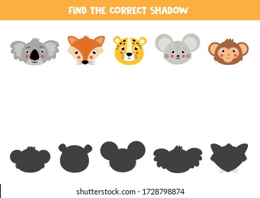 Find the correct shadow of cute cartoon animal faces. Set of wildlife animals. Educational matching game for kids. Worksheet for preschoolers. Vector illustration.