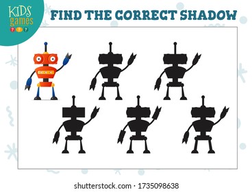 Find the correct shadow for cute cartoon robot educational preschool kids mini game. Vector illustration with 5 black silhouettes for shadow matching quiz