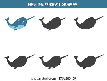 Find the correct shadow of cute cartoon blue narwhal. Educational logical game for kids. Printable worksheet.