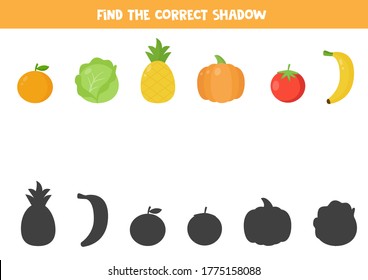 Find the correct shadow of cute cartoon fruits and vegetables. Logical game for preschool kids. Printable worksheet. 