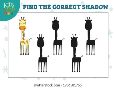 Find the correct shadow for cute cartoon giraffe preschool kids mini game. Vector illustration with 4 silhouettes for shadow matching quiz
