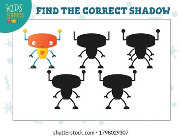 Find the correct shadow for cute cartoon robot educational preschool kids mini game. Vector illustration with 4 silhouettes for shadow matching exercise