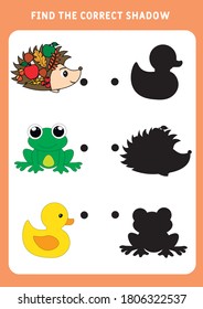 Find the correct shadow of cute cartoon animal . Set of animals. Educational matching game for kids. Worksheet for preschoolers. Vector illustration.