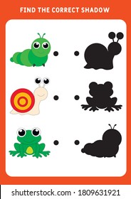 Encuentra la sombra correcta del tierno animal de dibujos animados . Conjunto de animales. Juego educativo para niños. Hoja de trabajo para preescolares. Ilustración vectorial.