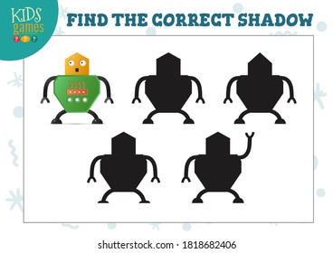 Find the correct shadow for cute cartoon robot educational preschool kids mini game. Vector illustration with 4 black silhouettes for shadow matching quiz