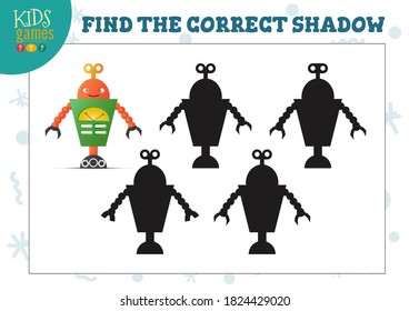 Find the correct shadow for cute cartoon robot educational preschool kids mini game. Vector illustration with 4 shade silhouettes for shadow matching exercise