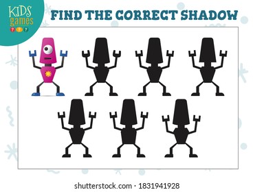 Find the correct shadow for cute cartoon robot educational preschool kids mini game. Vector illustration with 6 black silhouettes for shadow matching quiz
